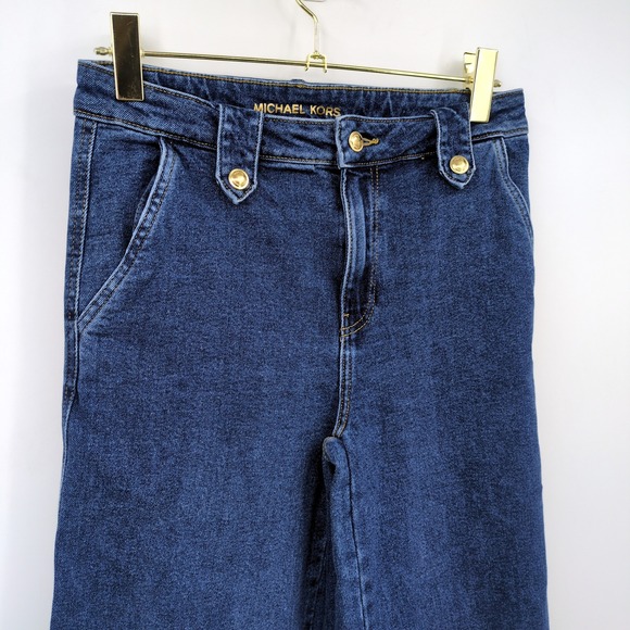 Michael Kors Wide Leg Sailor Jeans Women 6 Blue Gold Button High Rise Denim - Picture 3 of 8